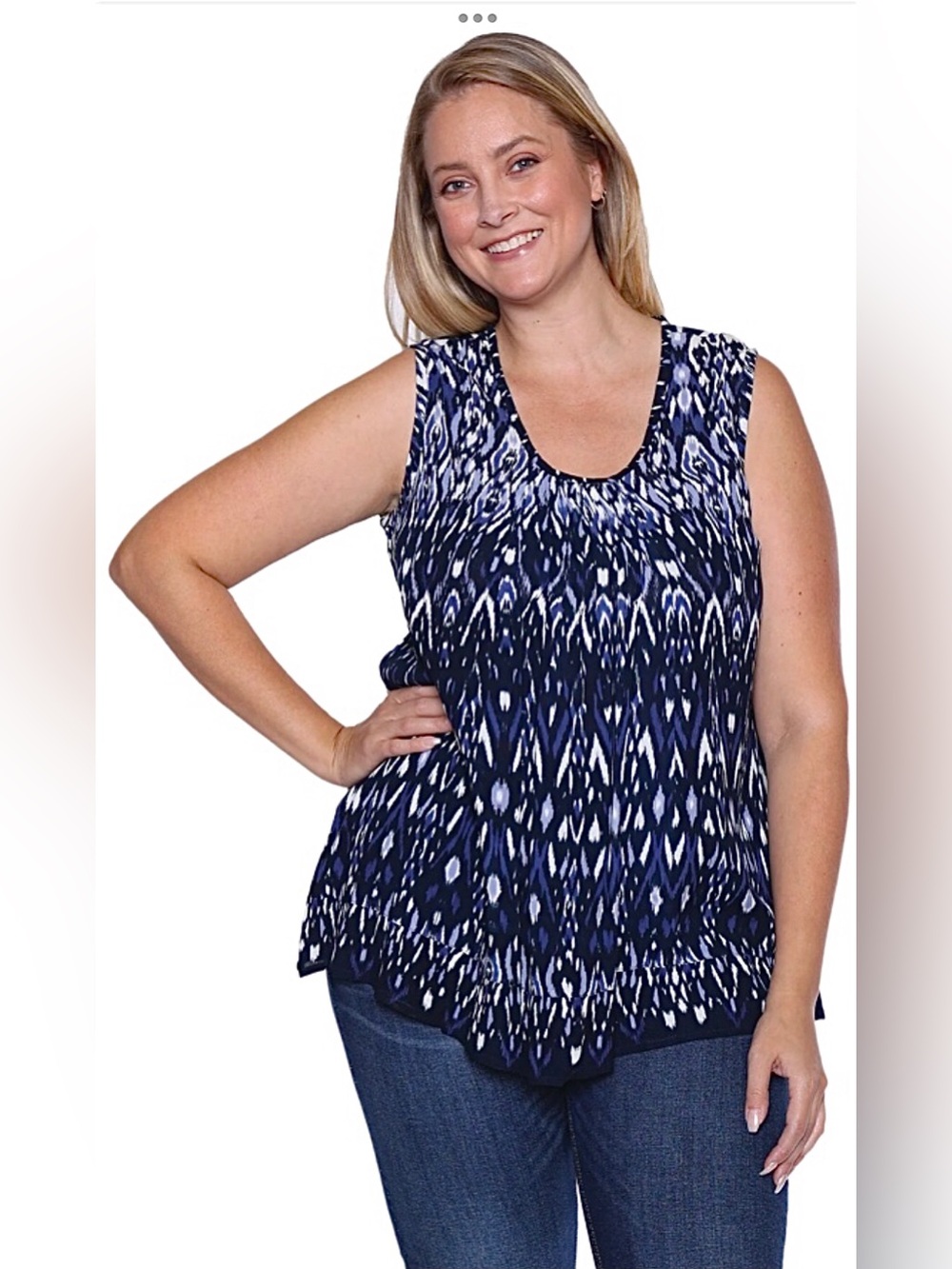 Papa Vancouver Pleated Gauze Tank Top with Ruffle Hem-Navy/White Print
